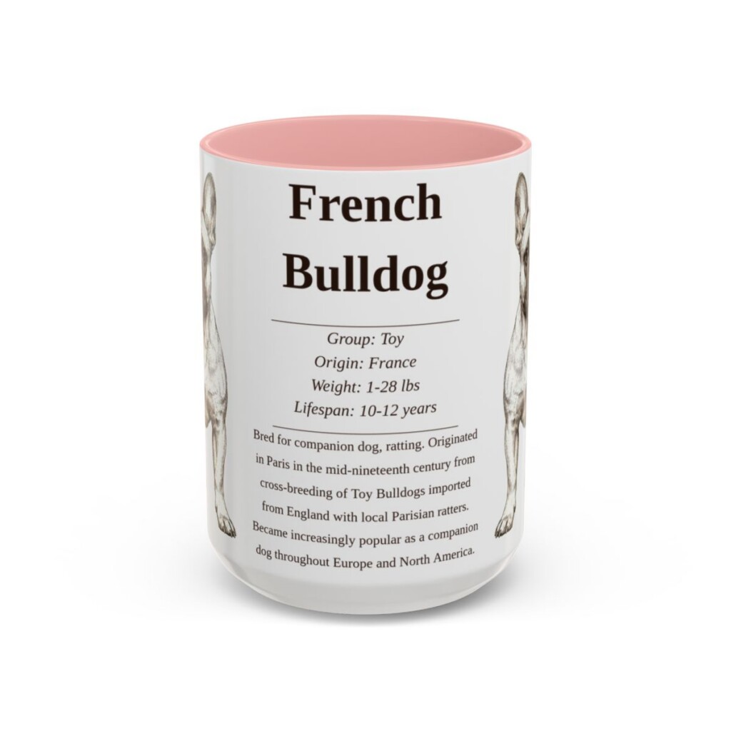 15oz French Bulldog Mug, Illustrated Dog Breed Facts Coffee Mug, Vintage Dog Keepsake Gift