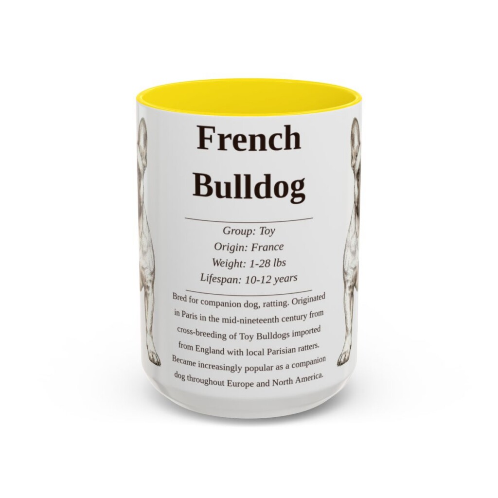15oz French Bulldog Mug, Illustrated Dog Breed Facts Coffee Mug, Vintage Dog Keepsake Gift