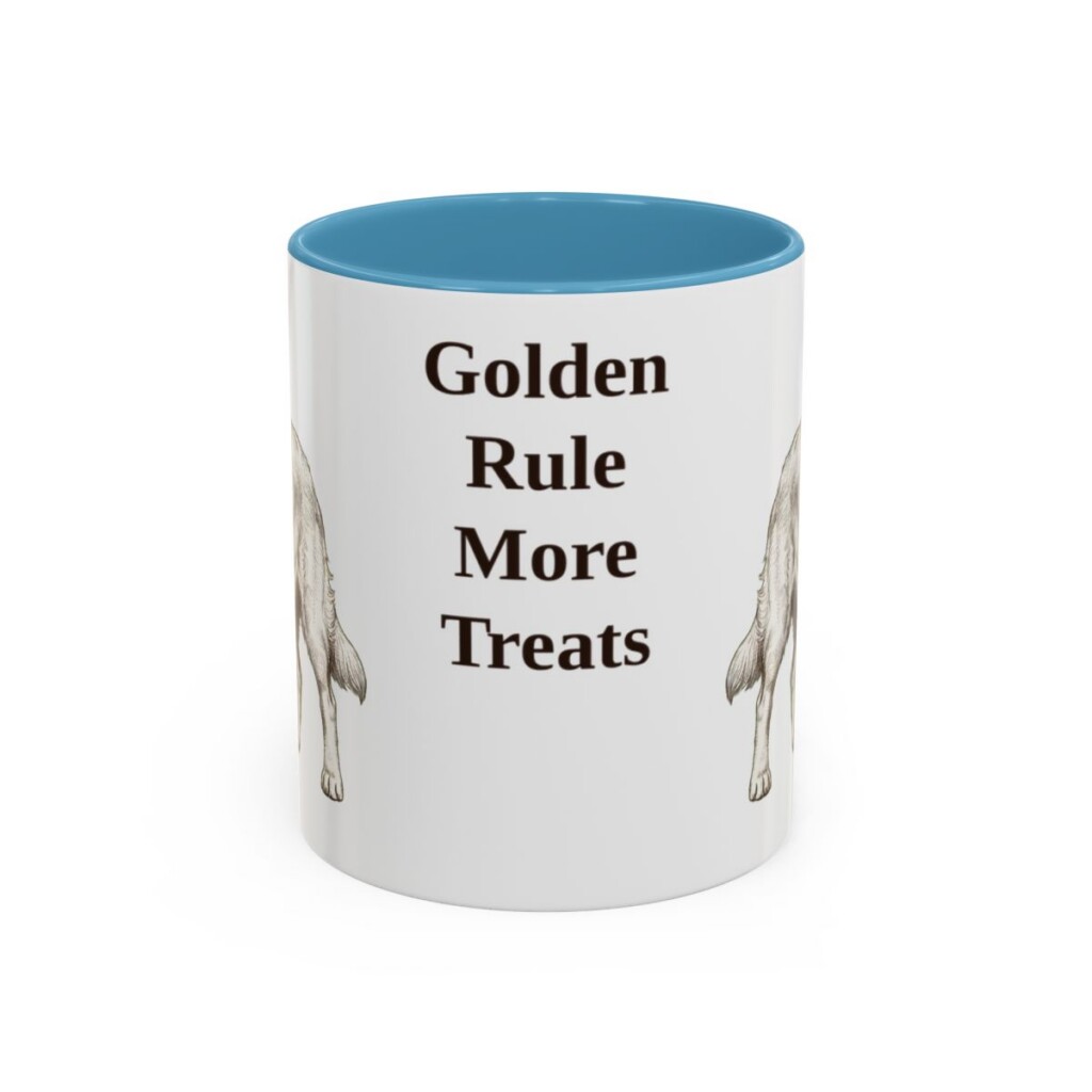 golden-retriever-mug-humor-light-blue-1 11oz Funny Golden Retriever Mug, Golden Rule More Treats, Vintage Dog Coffee Mug, Dog Lover Gift