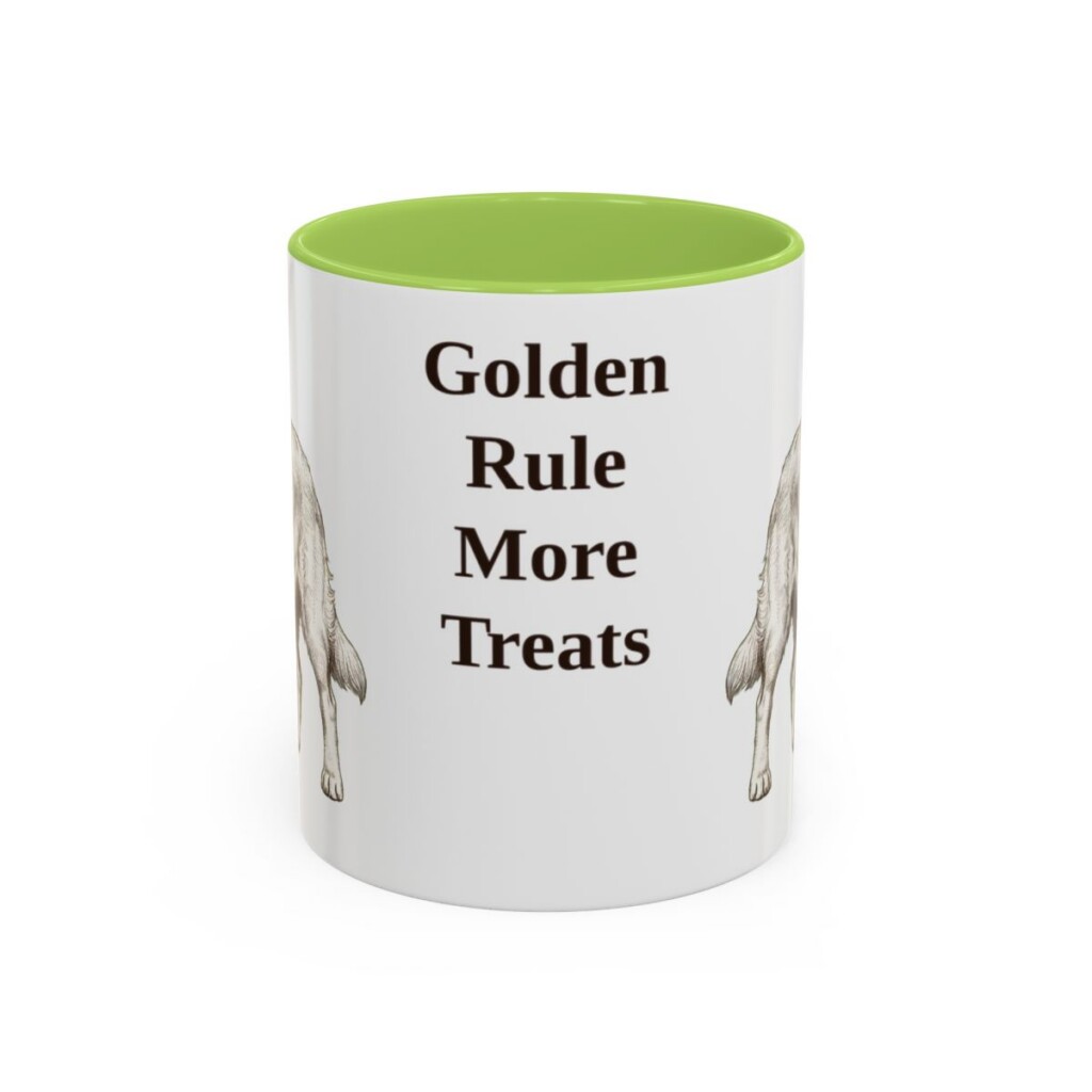golden-retriever-mug-humor-light-green-1 11oz Funny Golden Retriever Mug, Golden Rule More Treats, Vintage Dog Coffee Mug, Dog Lover Gift