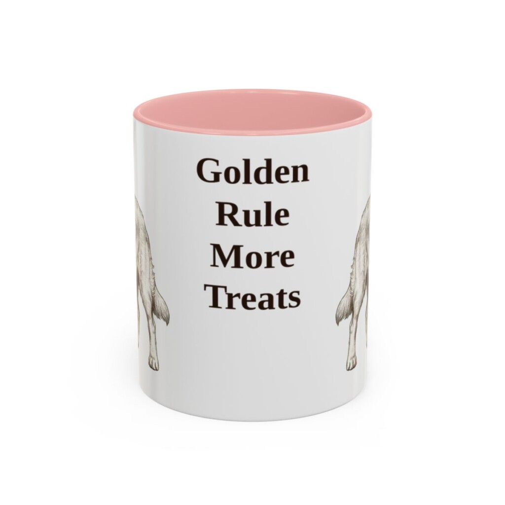 golden-retriever-mug-humor-pink-1 11oz Funny Golden Retriever Mug, Golden Rule More Treats, Vintage Dog Coffee Mug, Dog Lover Gift