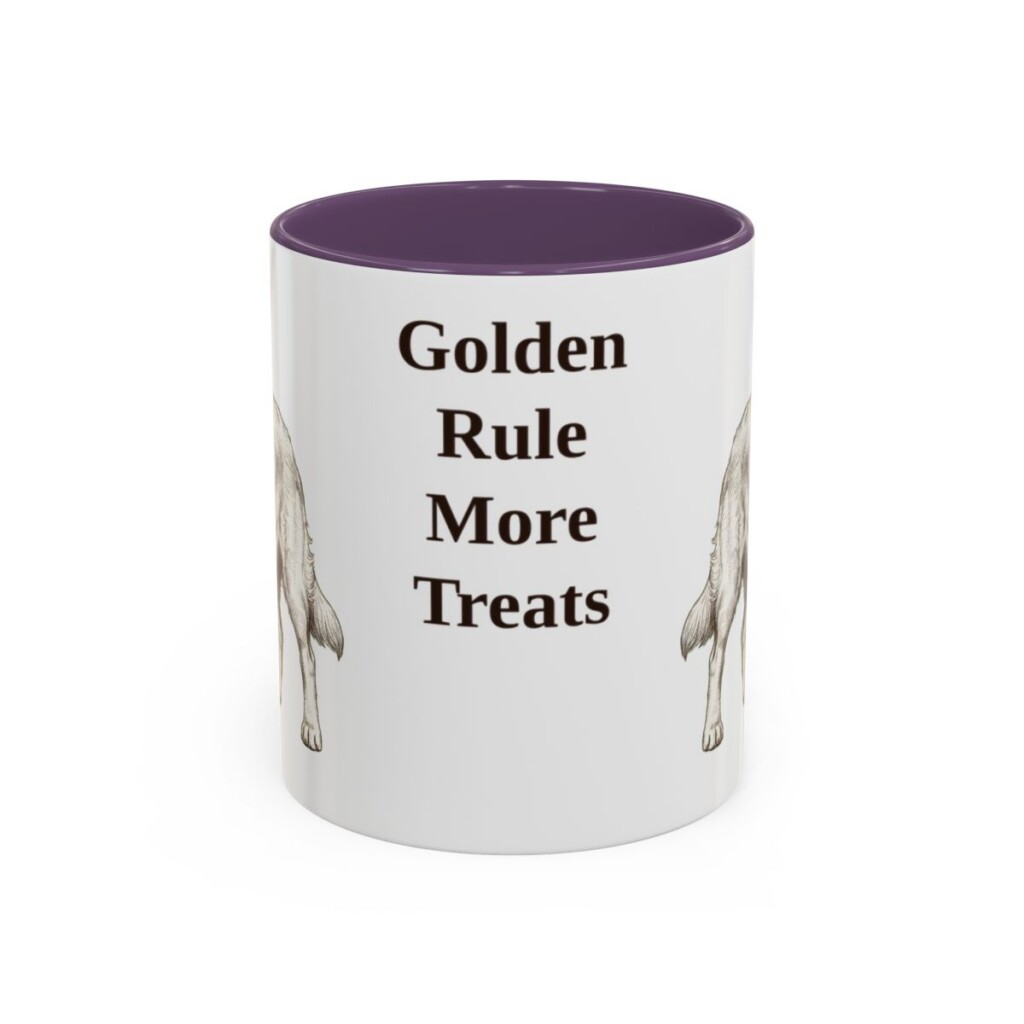 golden-retriever-mug-humor-purple-1 11oz Funny Golden Retriever Mug, Golden Rule More Treats, Vintage Dog Coffee Mug, Dog Lover Gift