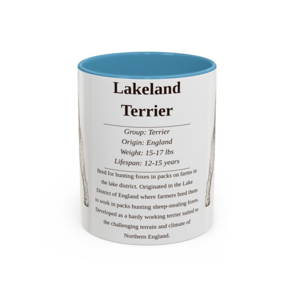 lakeland-terrier-mug-writeup-light-blue-1 11oz Lakeland Terrier Mug, Illustrated Dog Breed Facts Coffee Mug, Vintage Dog Keepsake Gift