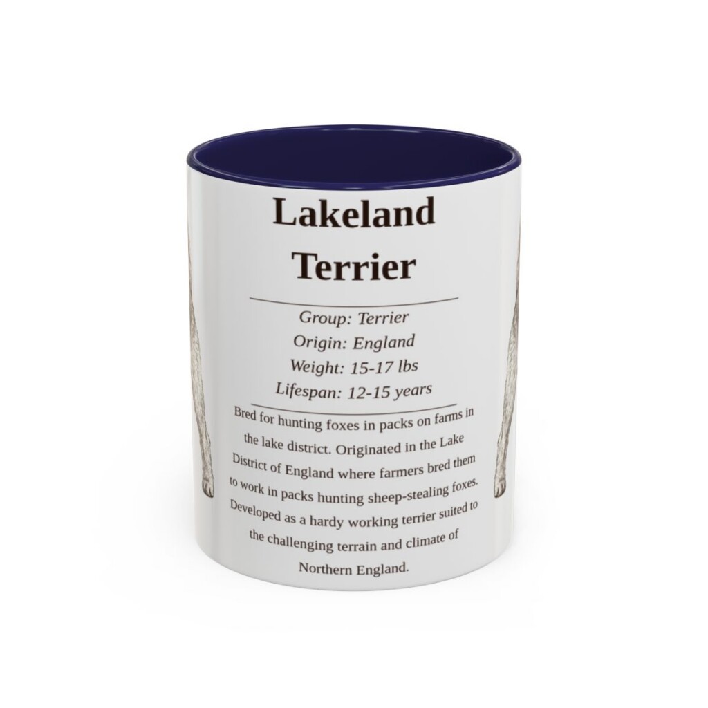 lakeland-terrier-mug-writeup-navy-1 11oz Lakeland Terrier Mug, Illustrated Dog Breed Facts Coffee Mug, Vintage Dog Keepsake Gift