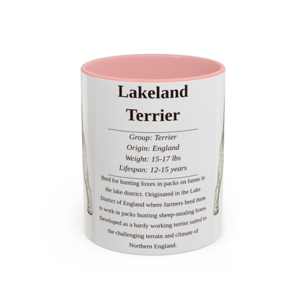 lakeland-terrier-mug-writeup-pink-1 11oz Lakeland Terrier Mug, Illustrated Dog Breed Facts Coffee Mug, Vintage Dog Keepsake Gift