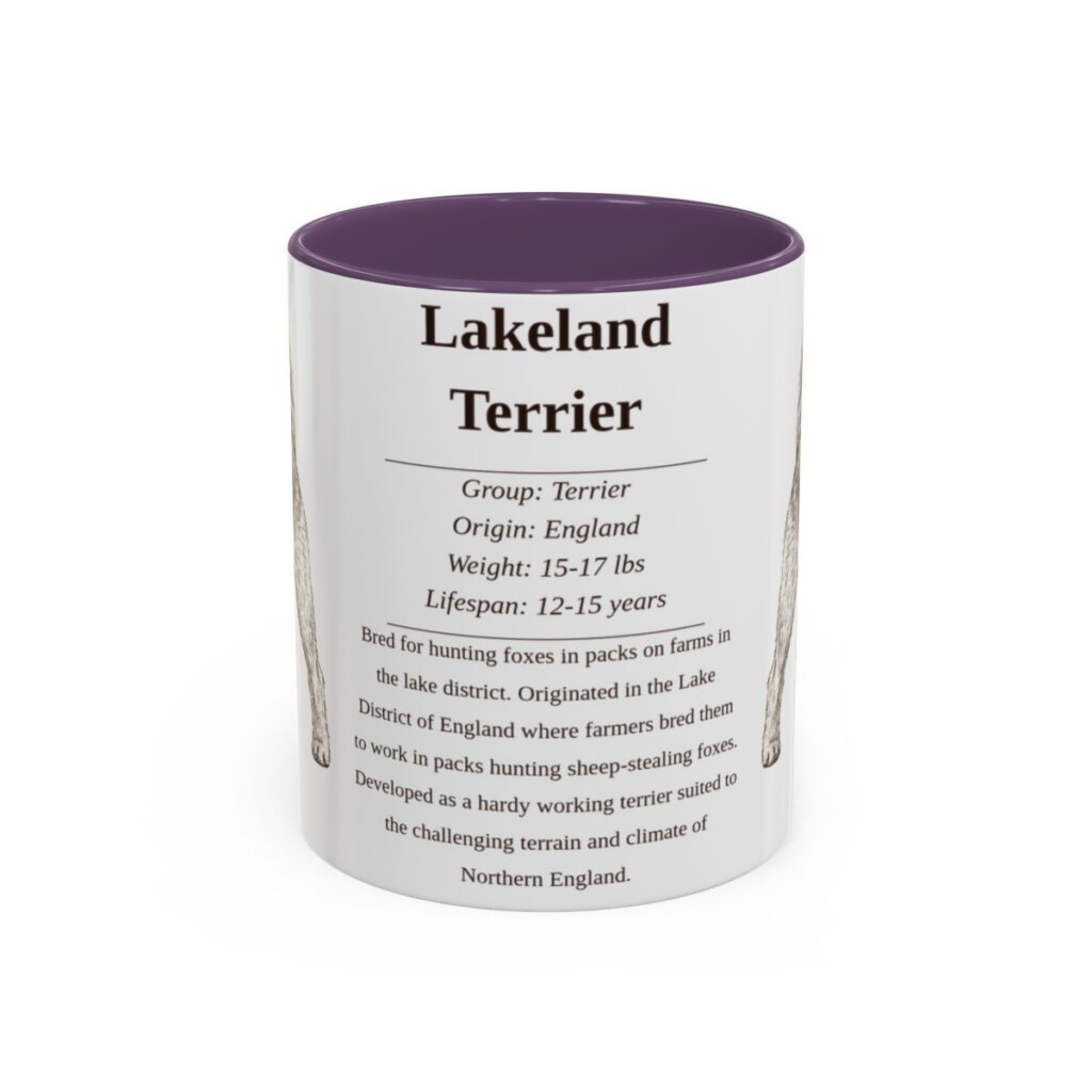 lakeland-terrier-mug-writeup-purple-1 11oz Lakeland Terrier Mug, Illustrated Dog Breed Facts Coffee Mug, Vintage Dog Keepsake Gift