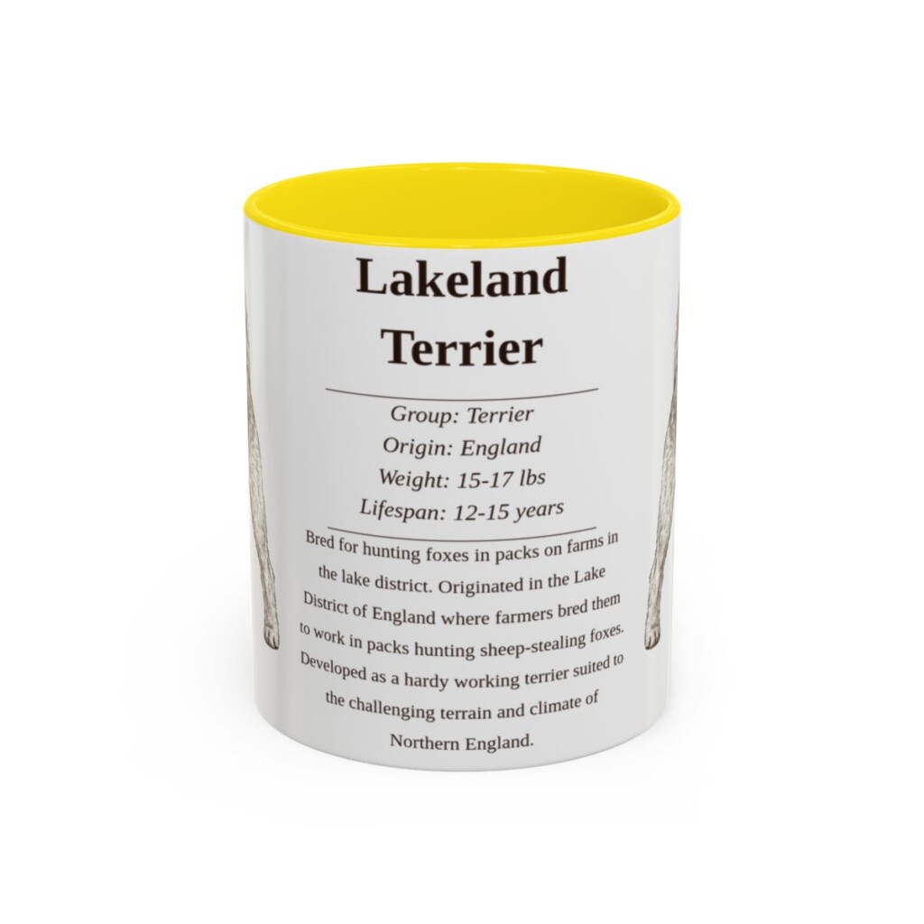 lakeland-terrier-mug-writeup-yellow-1 11oz Lakeland Terrier Mug, Illustrated Dog Breed Facts Coffee Mug, Vintage Dog Keepsake Gift