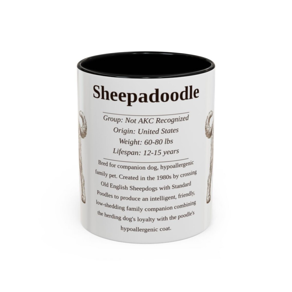 11oz Sheepadoodle Mug, Illustrated Dog Breed Facts Coffee Mug, Vintage Dog Keepsake Gift