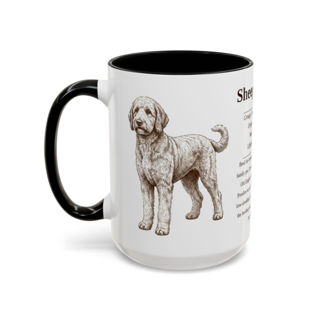 15oz Sheepadoodle Mug, Illustrated Dog Breed Facts Coffee Mug, Vintage Dog Keepsake Gift