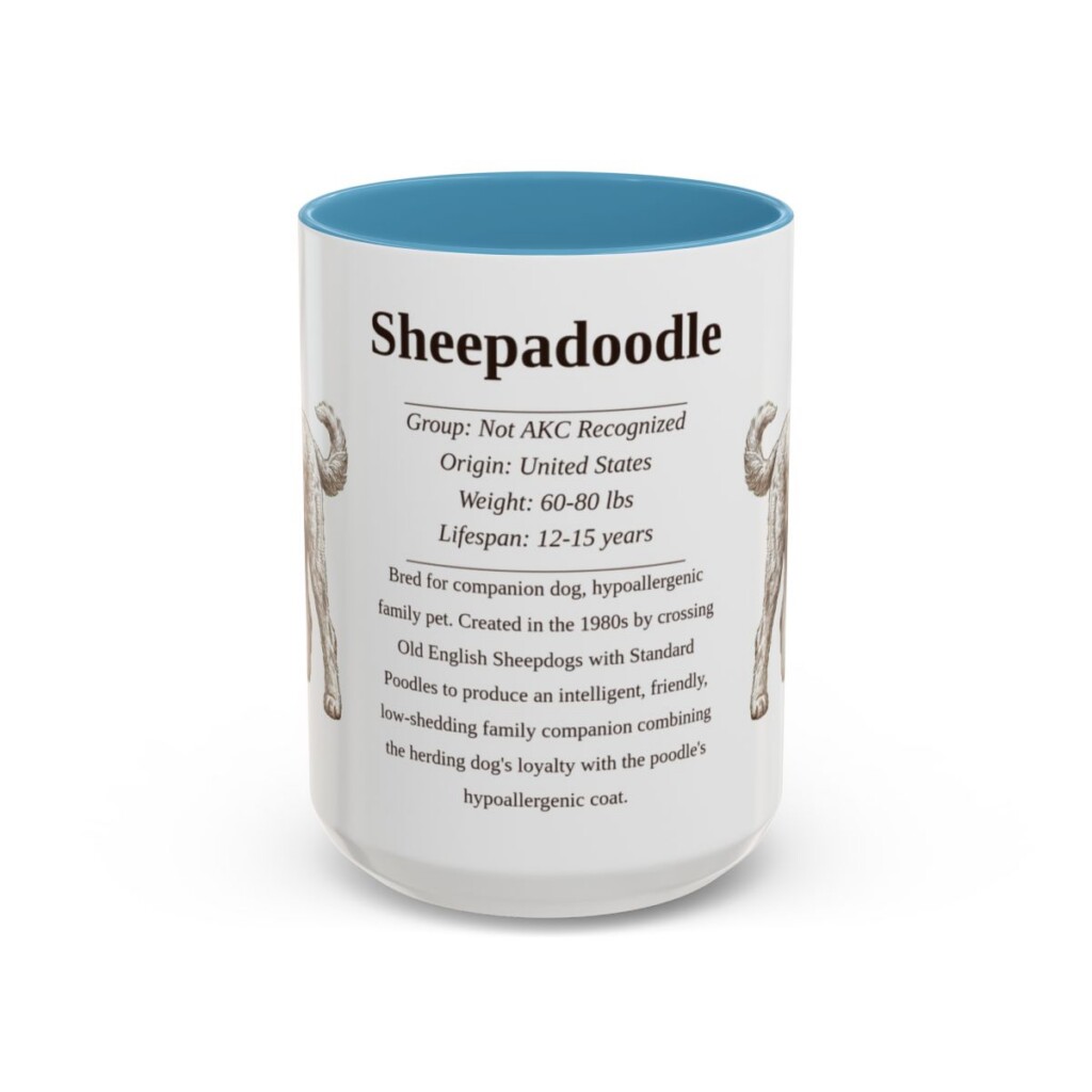 15oz Sheepadoodle Mug, Illustrated Dog Breed Facts Coffee Mug, Vintage Dog Keepsake Gift