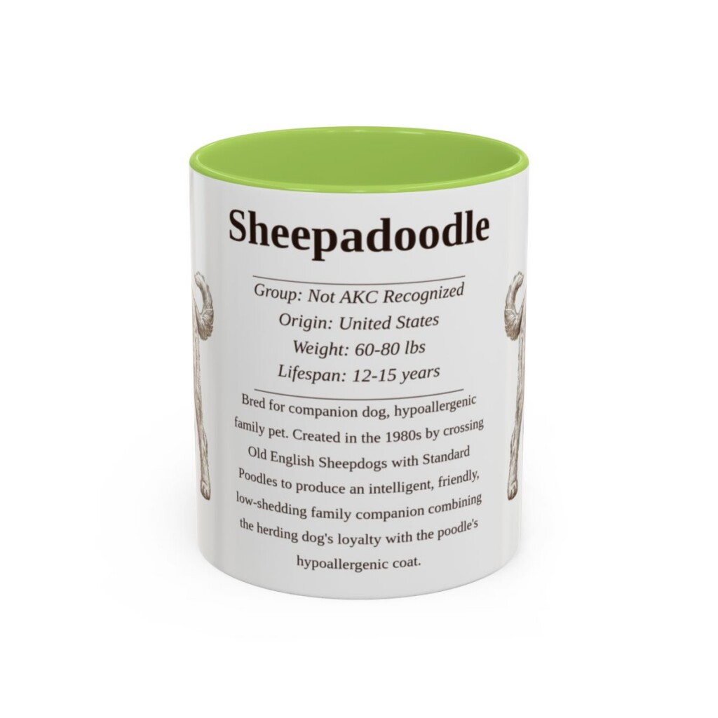 11oz Sheepadoodle Mug, Illustrated Dog Breed Facts Coffee Mug, Vintage Dog Keepsake Gift