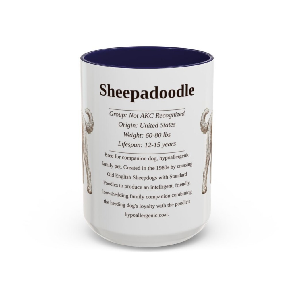 15oz Sheepadoodle Mug, Illustrated Dog Breed Facts Coffee Mug, Vintage Dog Keepsake Gift