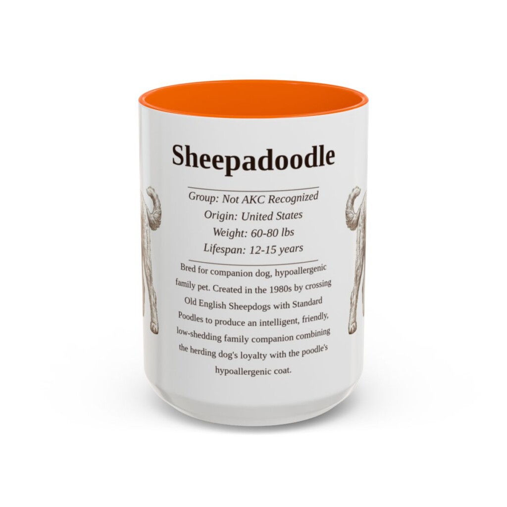 15oz Sheepadoodle Mug, Illustrated Dog Breed Facts Coffee Mug, Vintage Dog Keepsake Gift