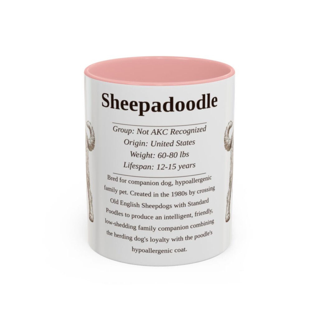 11oz Sheepadoodle Mug, Illustrated Dog Breed Facts Coffee Mug, Vintage Dog Keepsake Gift