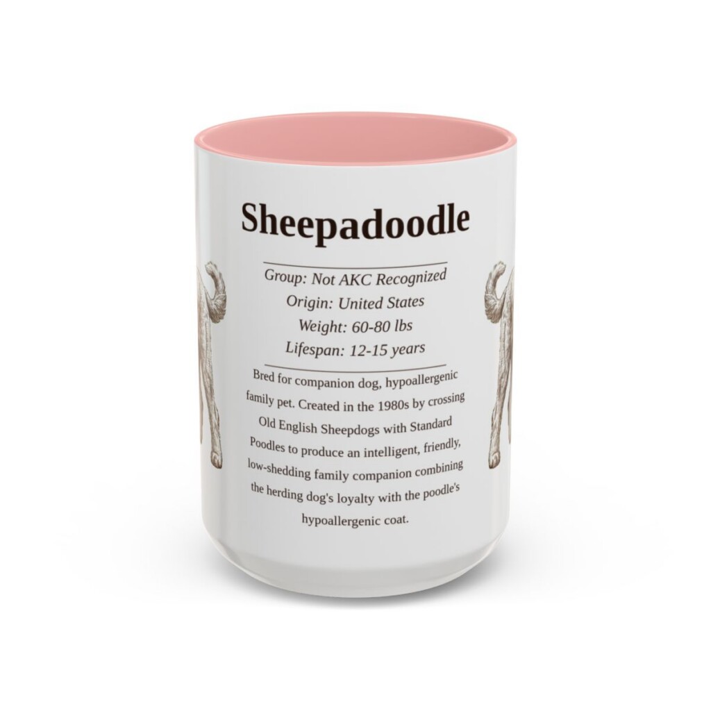15oz Sheepadoodle Mug, Illustrated Dog Breed Facts Coffee Mug, Vintage Dog Keepsake Gift