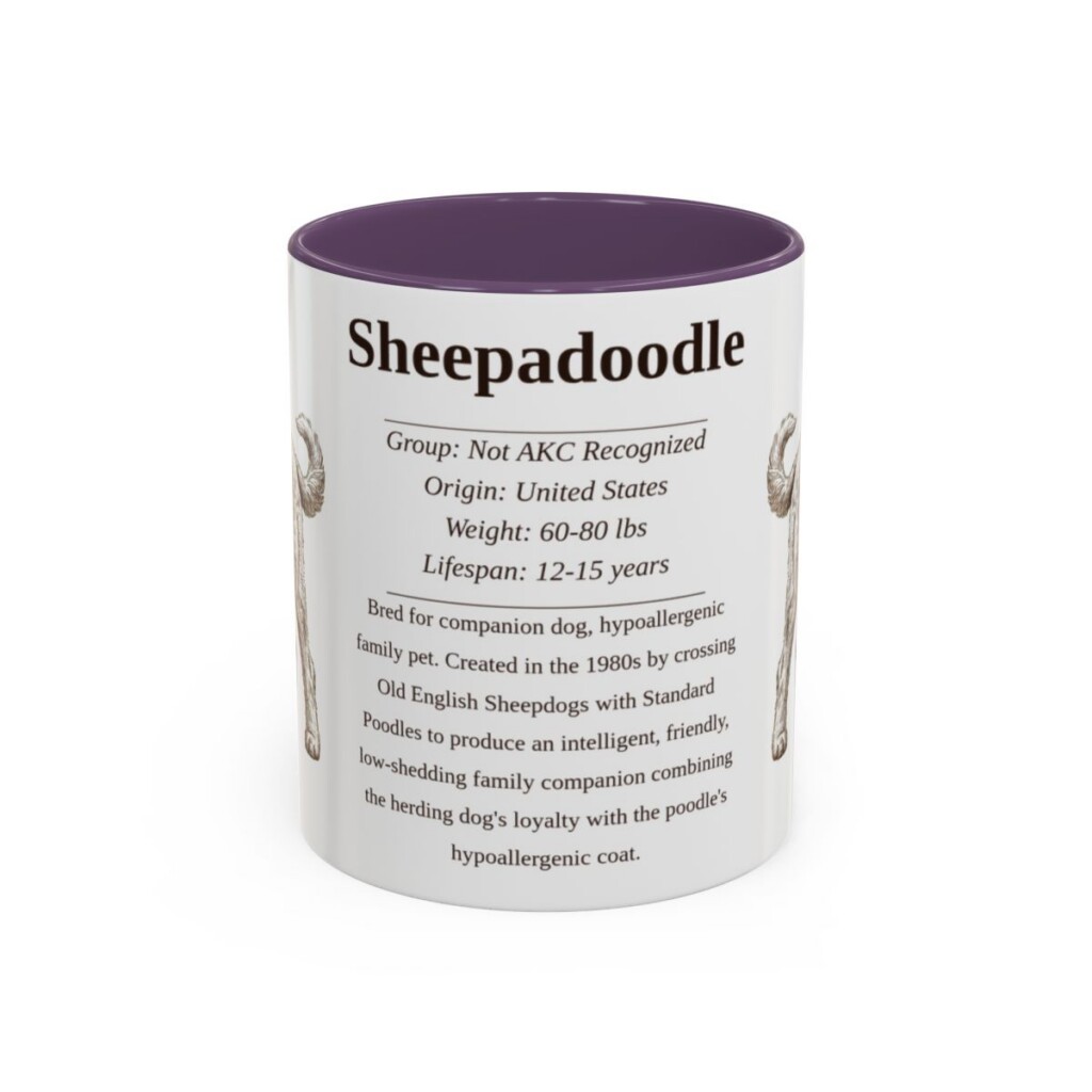 11oz Sheepadoodle Mug, Illustrated Dog Breed Facts Coffee Mug, Vintage Dog Keepsake Gift