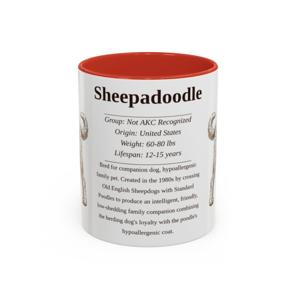 11oz Sheepadoodle Mug, Illustrated Dog Breed Facts Coffee Mug, Vintage Dog Keepsake Gift