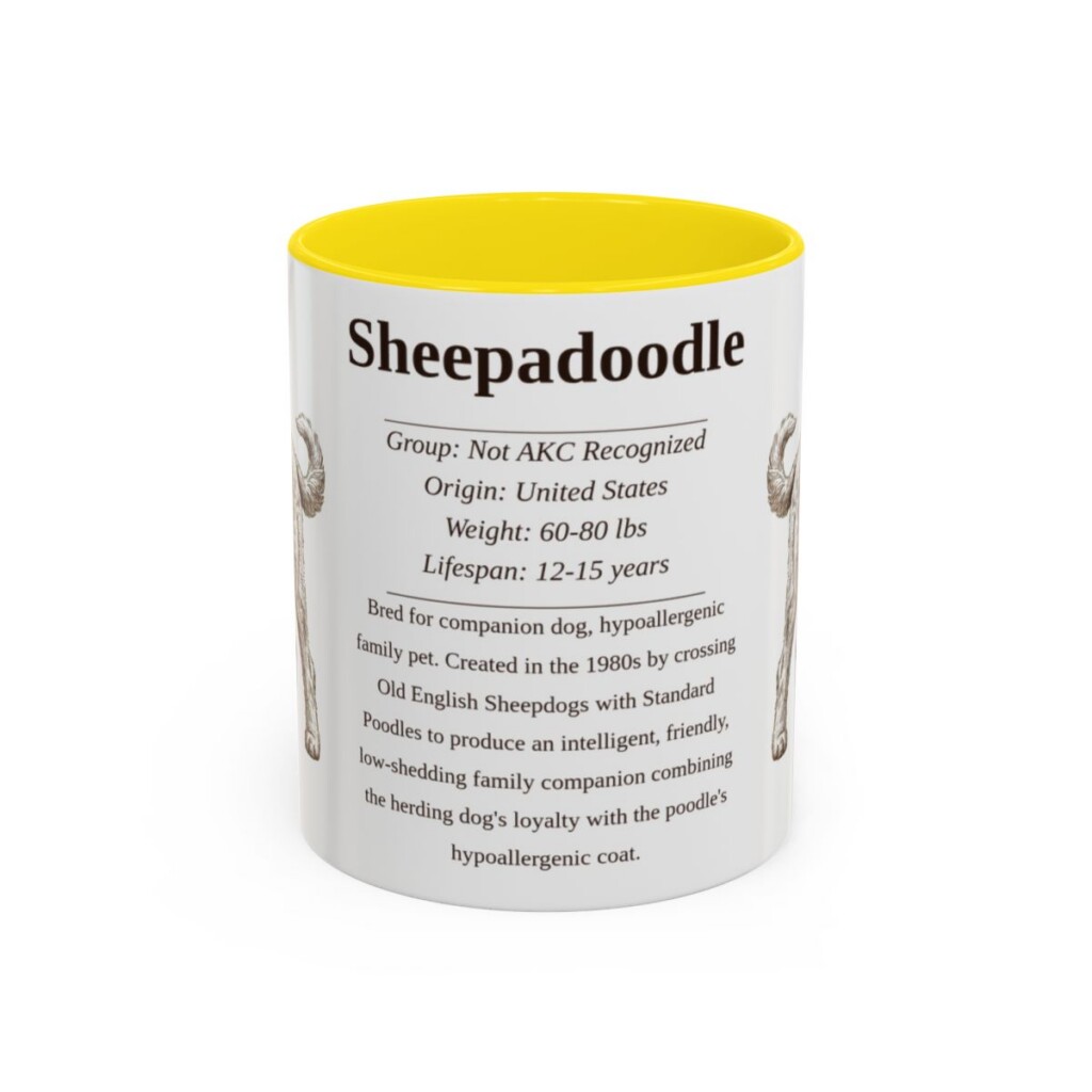 11oz Sheepadoodle Mug, Illustrated Dog Breed Facts Coffee Mug, Vintage Dog Keepsake Gift