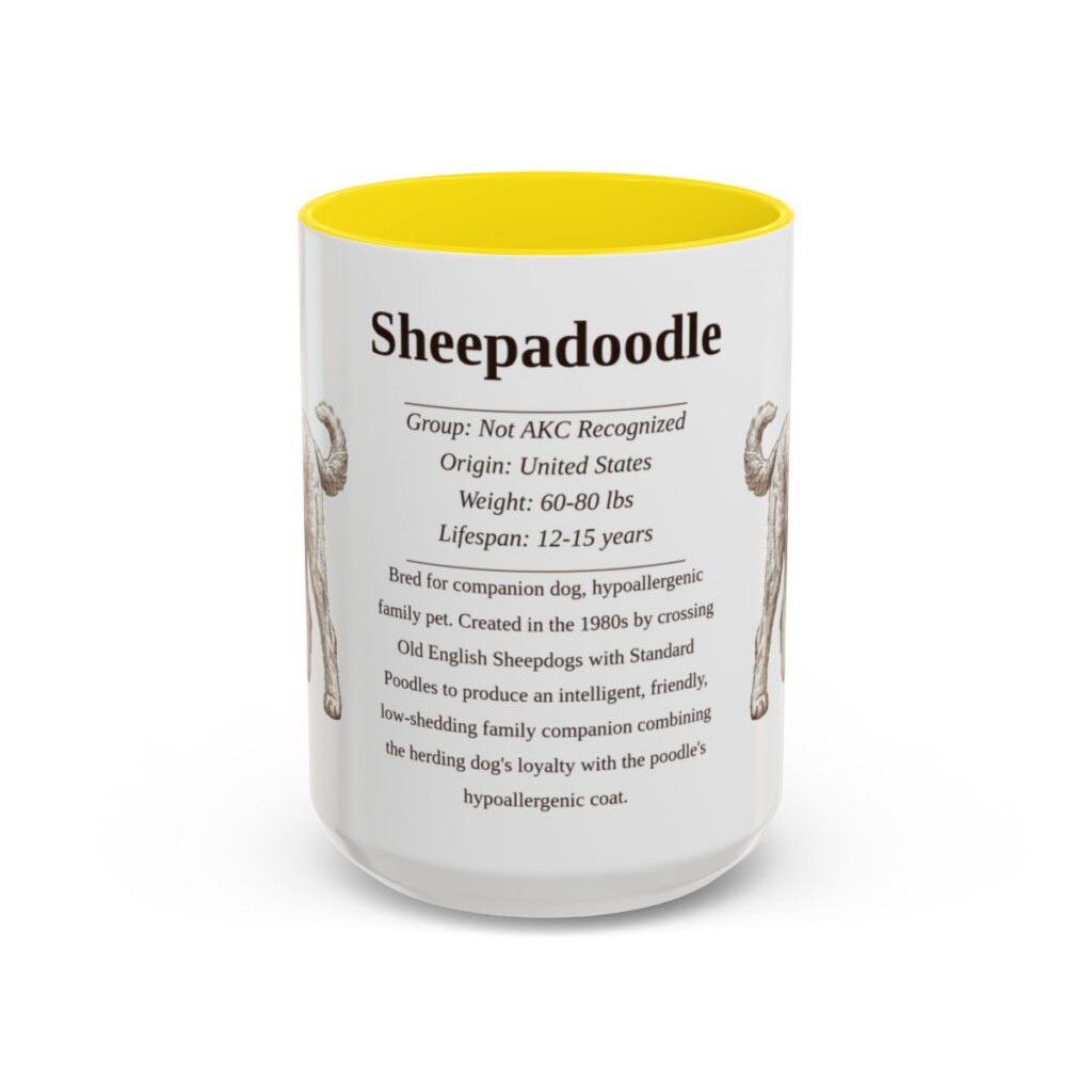 15oz Sheepadoodle Mug, Illustrated Dog Breed Facts Coffee Mug, Vintage Dog Keepsake Gift