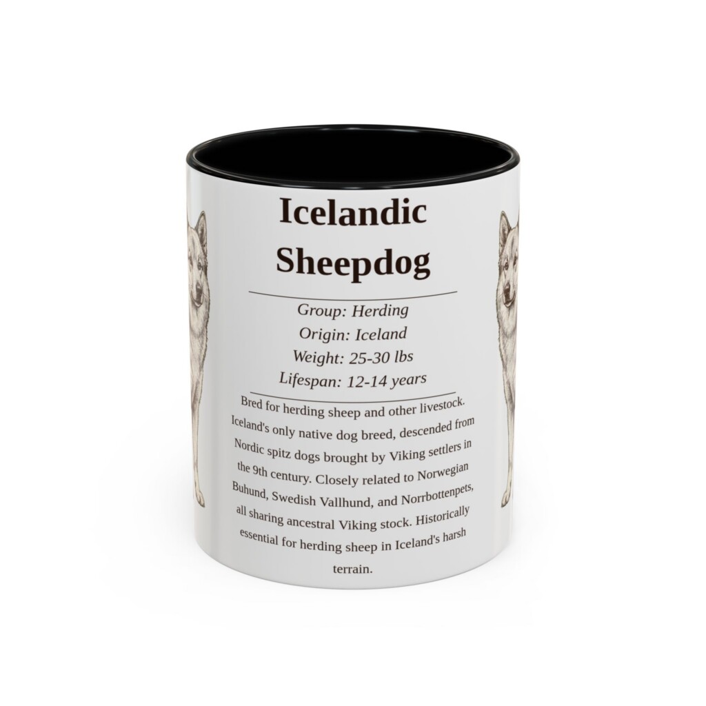 11oz Icelandic Sheepdog Mug, Illustrated Dog Breed Facts Coffee Mug, Vintage Dog Keepsake Gift