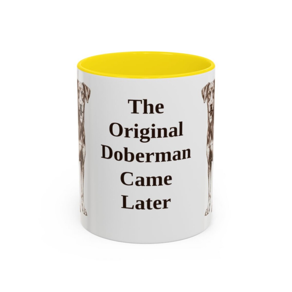 11oz Funny German Pinscher Mug, Yellow, front view