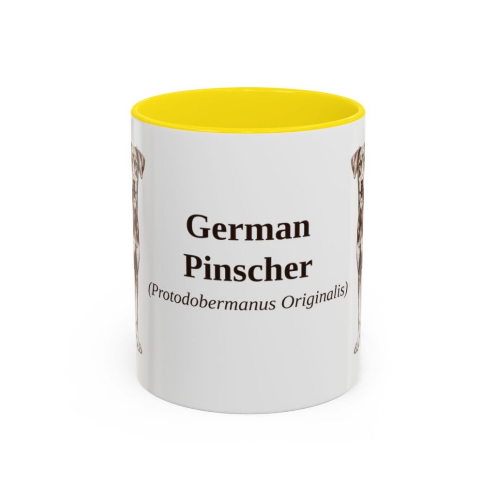11oz German Pinscher Latin Mug, Yellow, front view