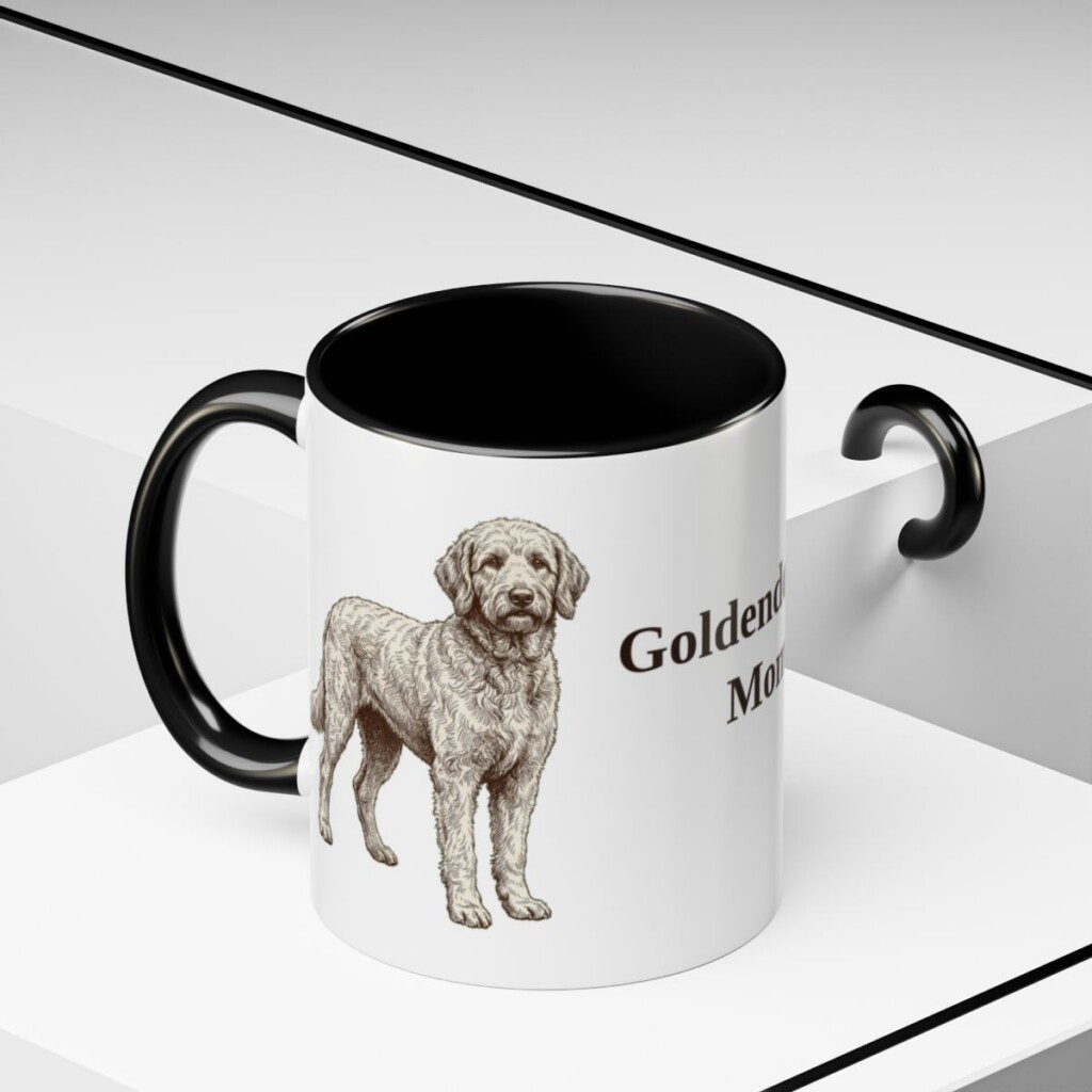 11oz Goldendoodle Dog Mom Mug, Black, lifestyle photo