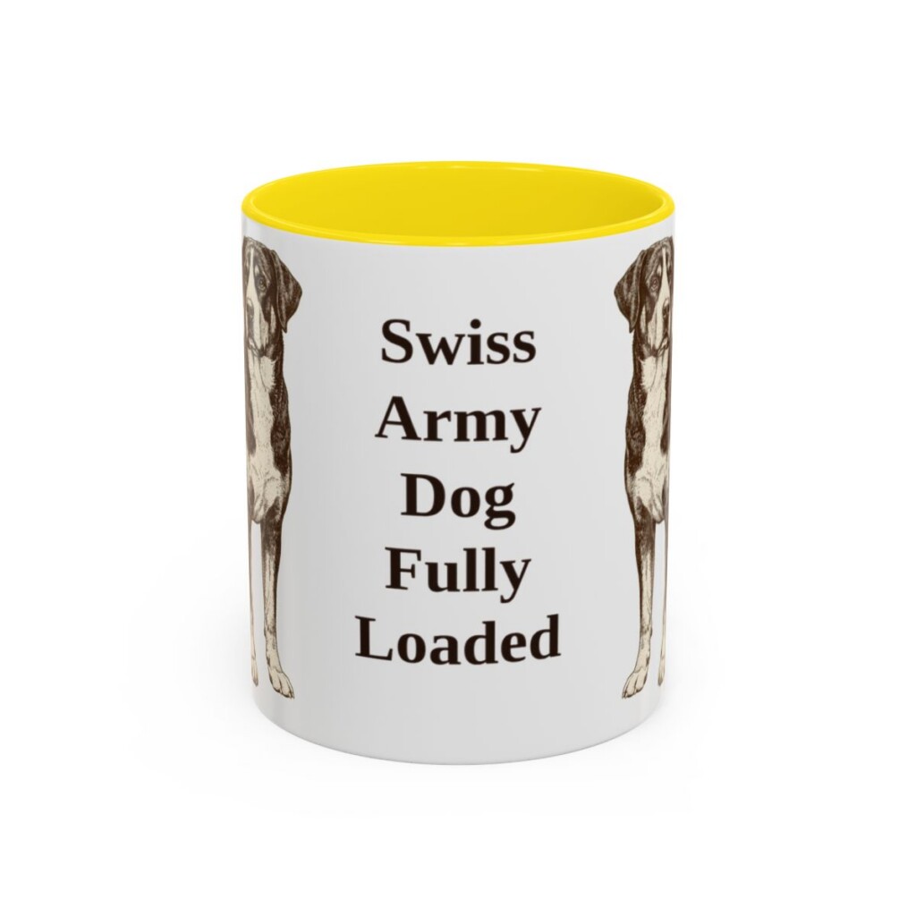 11oz Funny Greater Swiss Mountain Dog Mug, Yellow, front view