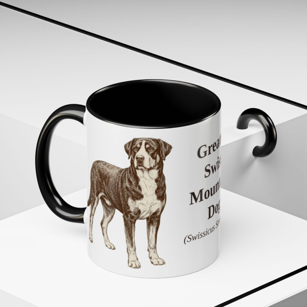 11oz Greater Swiss Mountain Dog Latin Mug, Black, lifestyle photo