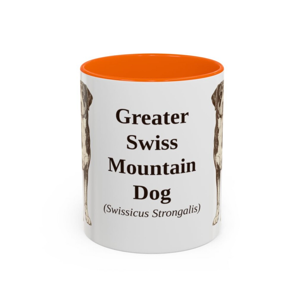 11oz Greater Swiss Mountain Dog Latin Mug, Orange, front view