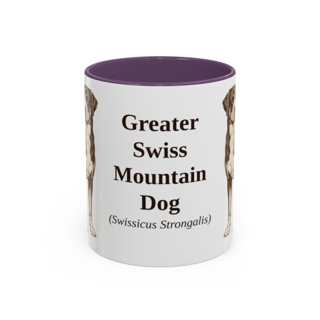 11oz Greater Swiss Mountain Dog Latin Mug, Purple, front view