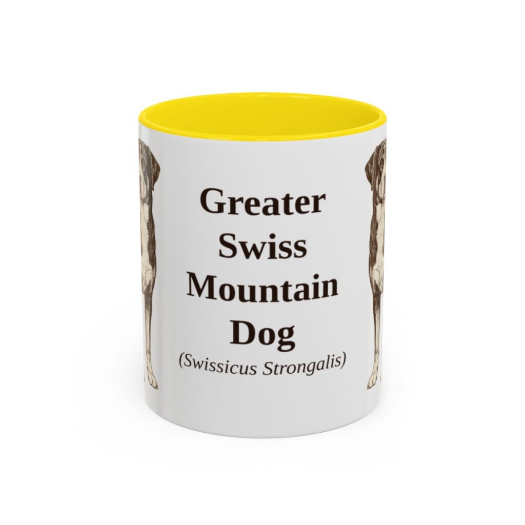 11oz Greater Swiss Mountain Dog Latin Mug, Yellow, front view