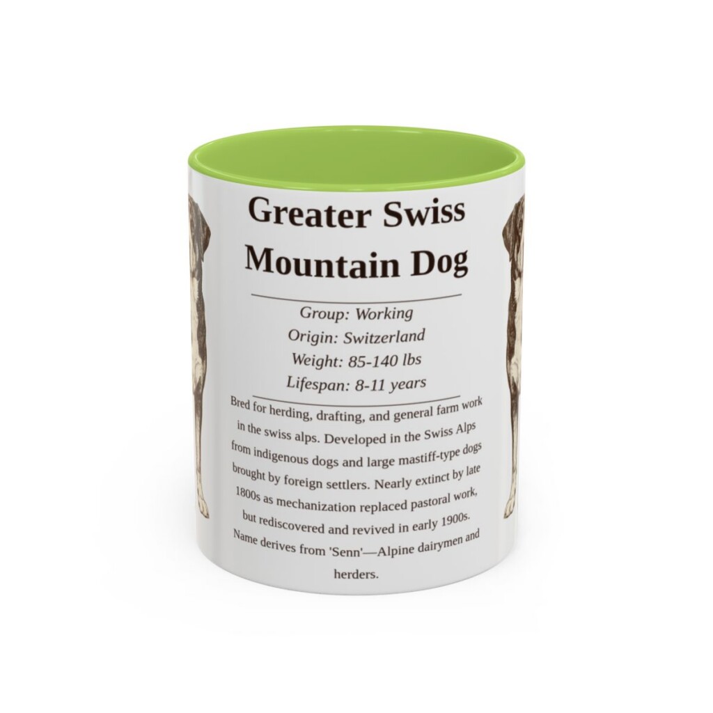 11oz Greater Swiss Mountain Dog Mug, Light Green, front view
