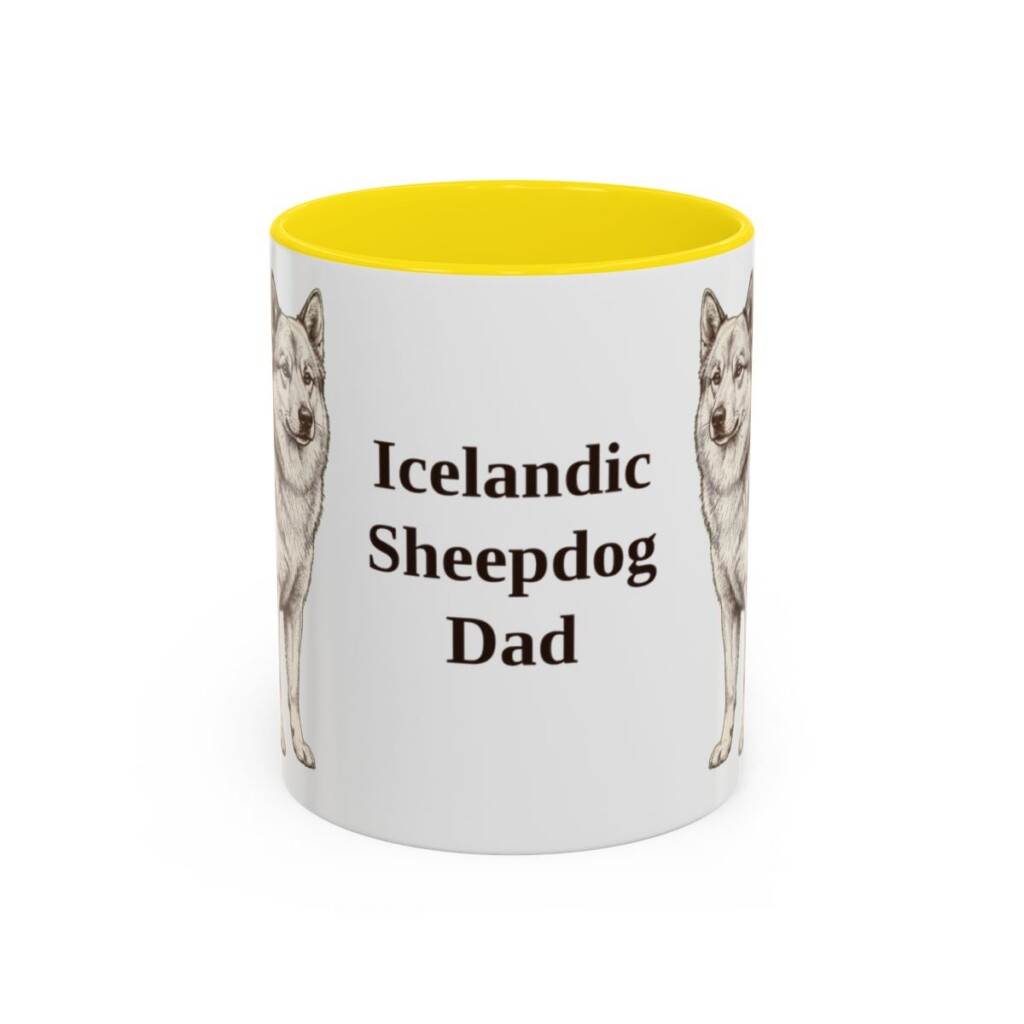 11oz Icelandic Sheepdog Dog Dad Mug, Yellow, front view