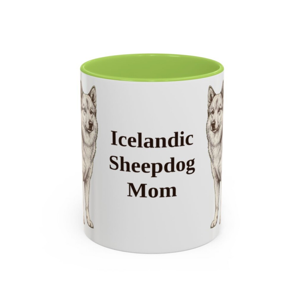 11oz Icelandic Sheepdog Dog Mom Mug, Light Green, front view