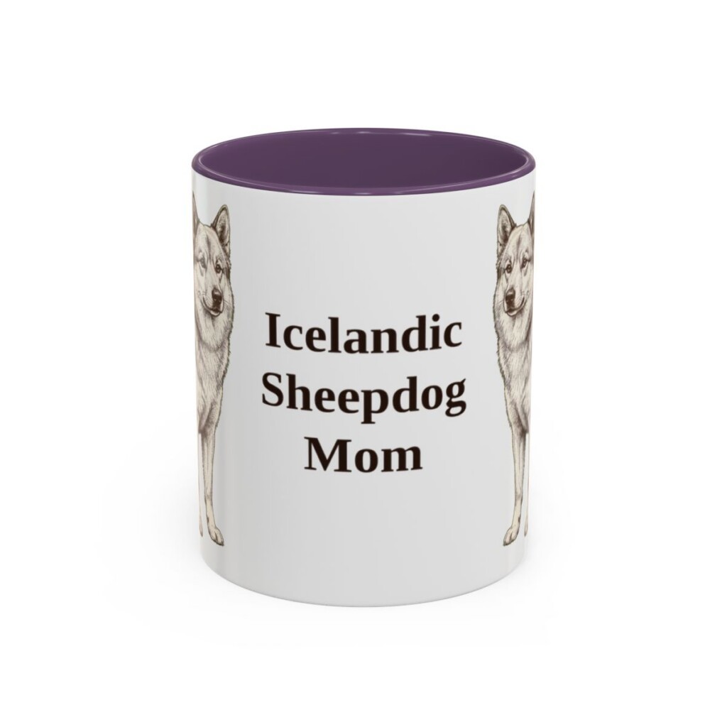 11oz Icelandic Sheepdog Dog Mom Mug, Purple, front view