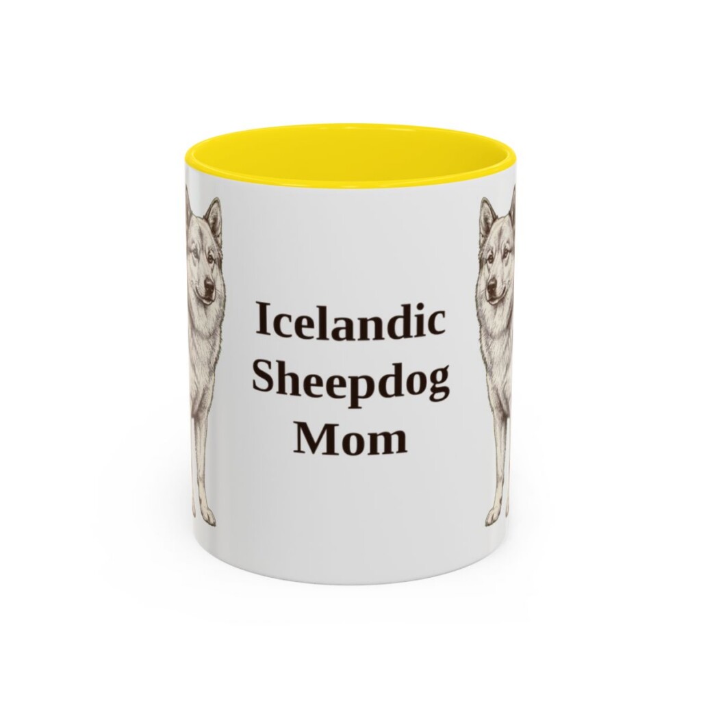 11oz Icelandic Sheepdog Dog Mom Mug, Yellow, front view