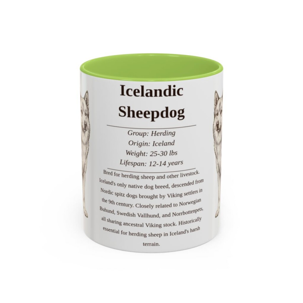 11oz Icelandic Sheepdog Mug, Light Green, front view
