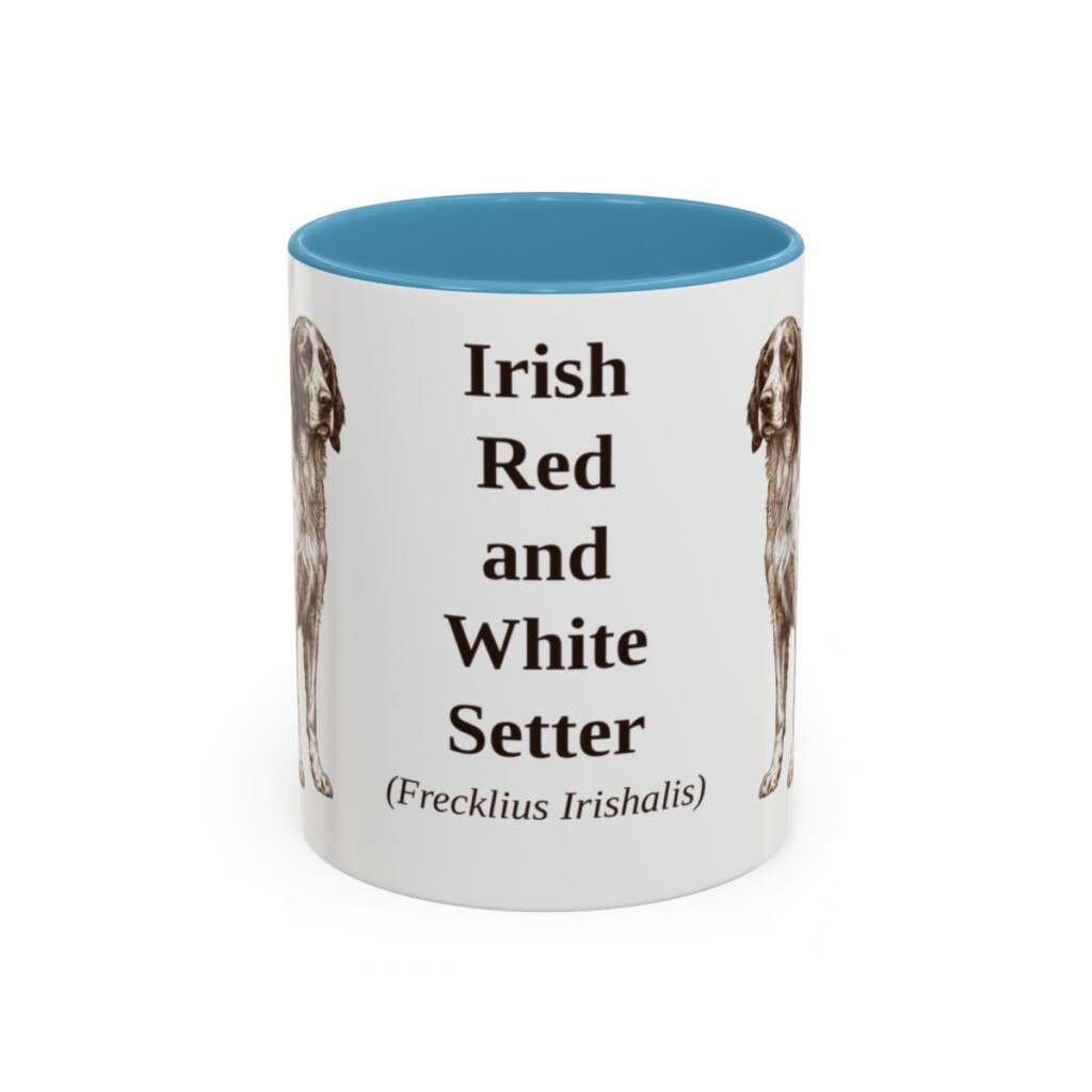 11oz Irish Red and White Setter Latin Mug, Light Blue, front view