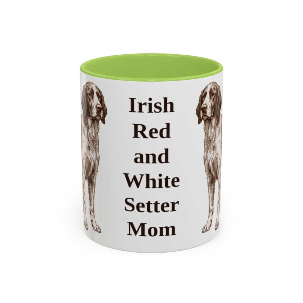 11oz Irish Red and White Setter Dog Mom Mug, Light Green, front view