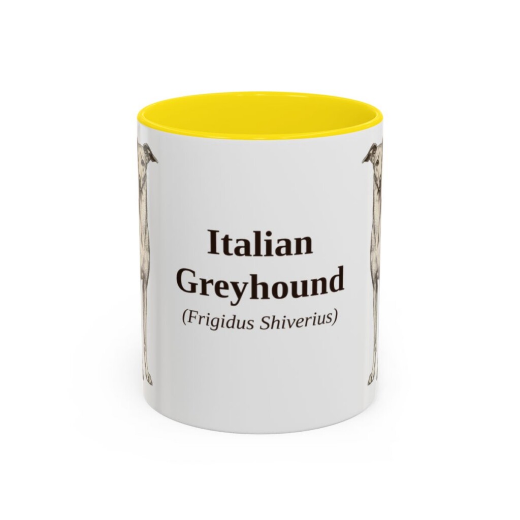 11oz-italian-greyhound-mug-latin-yellow 11oz Italian Greyhound Latin Mug, Yellow, front view