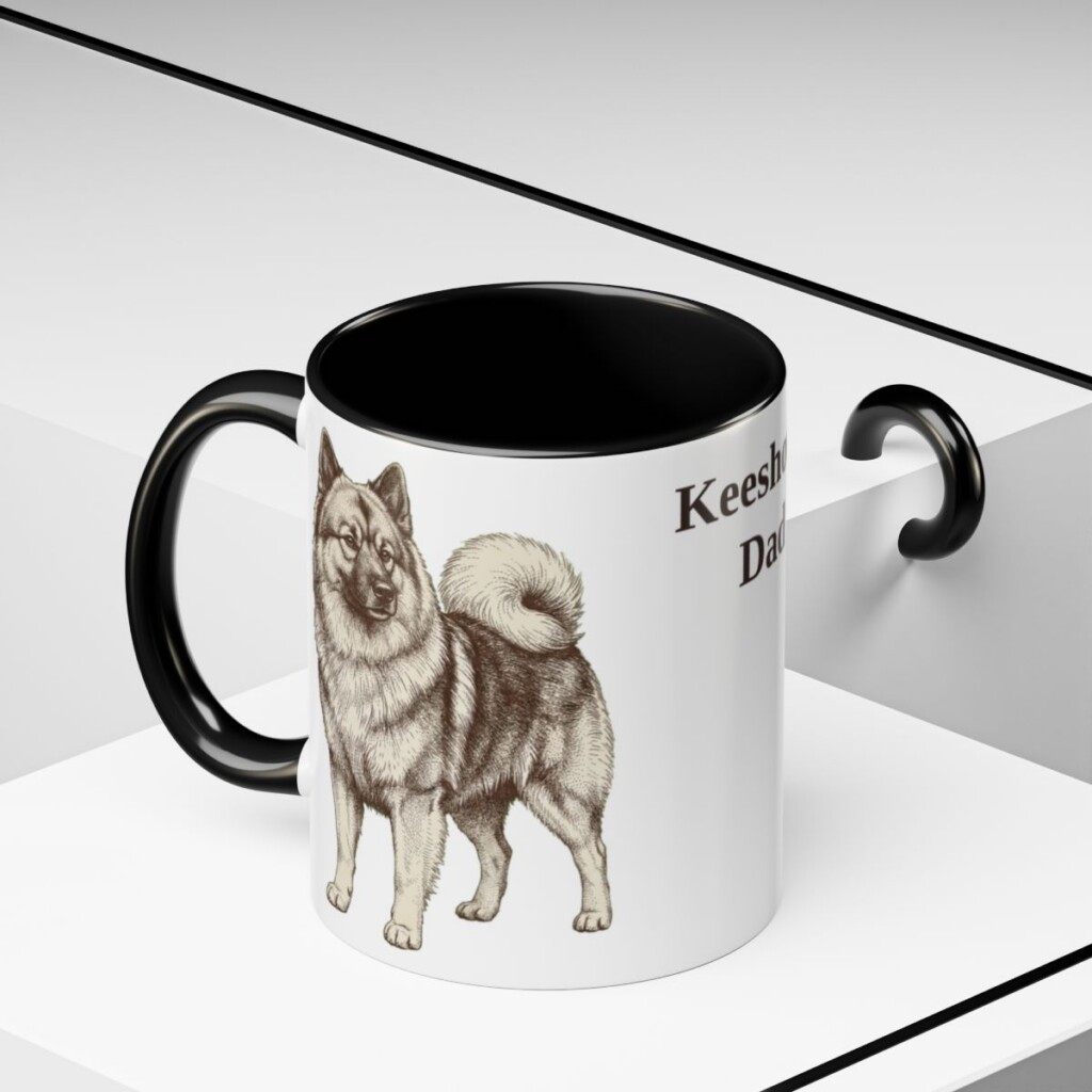 11oz-keeshond-mug-dad-black-context-2 11oz Keeshond Dog Dad Mug, Black, lifestyle photo