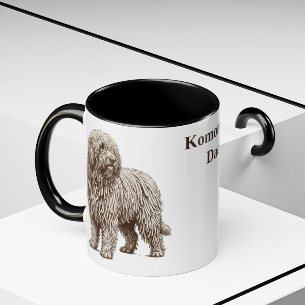 11oz Komondor Dog Dad Mug, Black, lifestyle photo