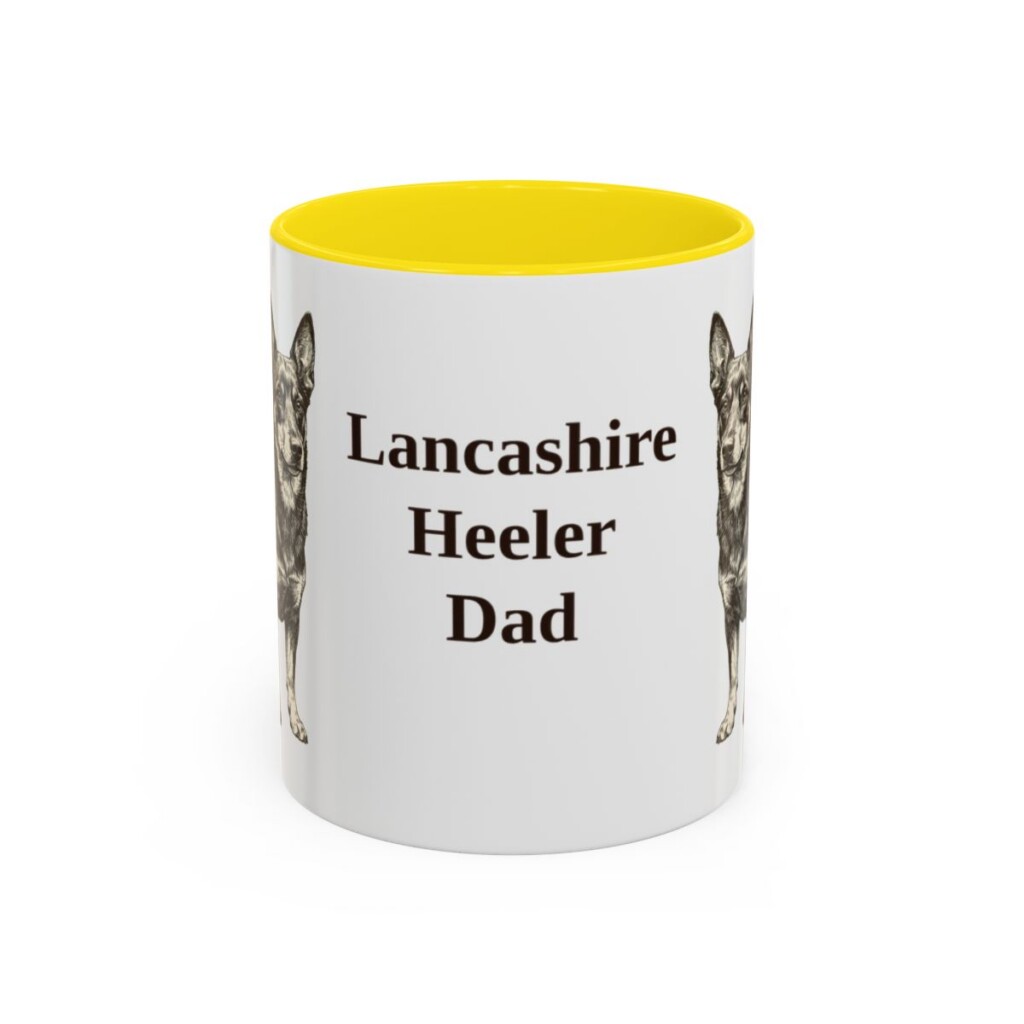 11oz-lancashire-heeler-mug-dad-yellow 11oz Lancashire Heeler Dog Dad Mug, Yellow, front view