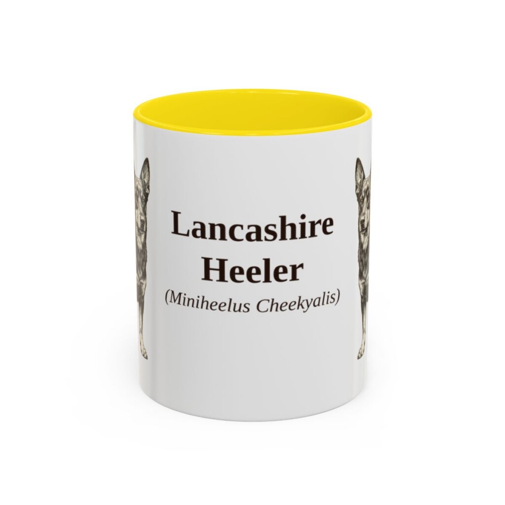 11oz-lancashire-heeler-mug-latin-yellow 11oz Lancashire Heeler Latin Mug, Yellow, front view