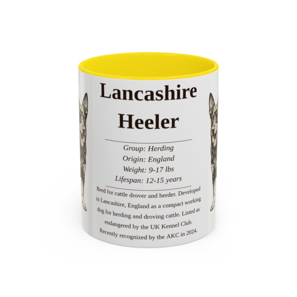 11oz Lancashire Heeler Mug, Yellow, front view