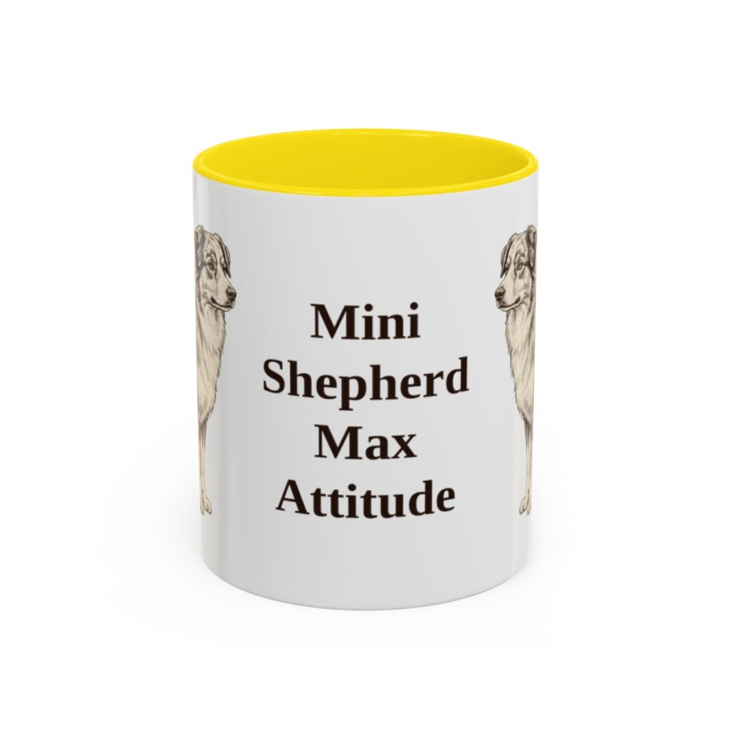 11oz Funny Miniature American Shepherd Mug, Yellow, front view