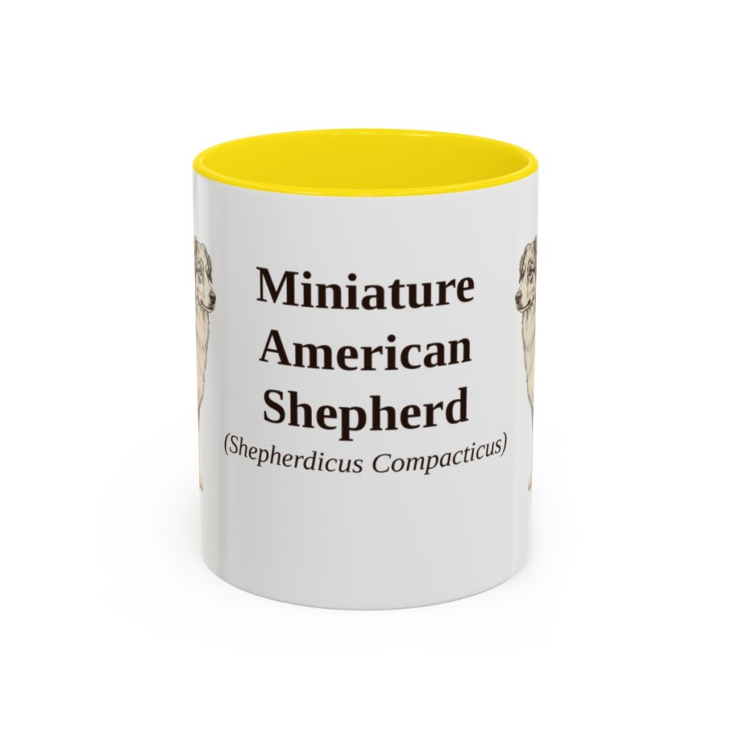 11oz Miniature American Shepherd Latin Mug, Yellow, front view