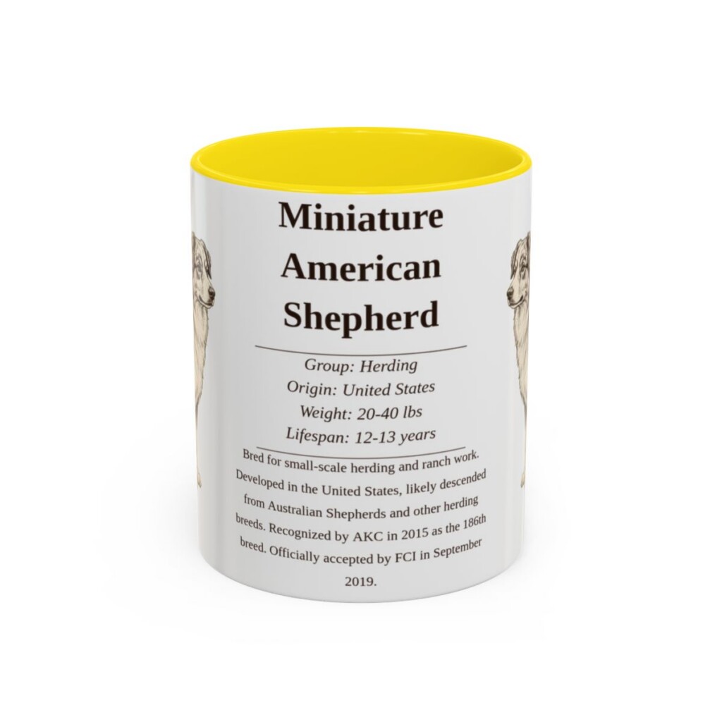 11oz Miniature American Shepherd Mug, Yellow, front view