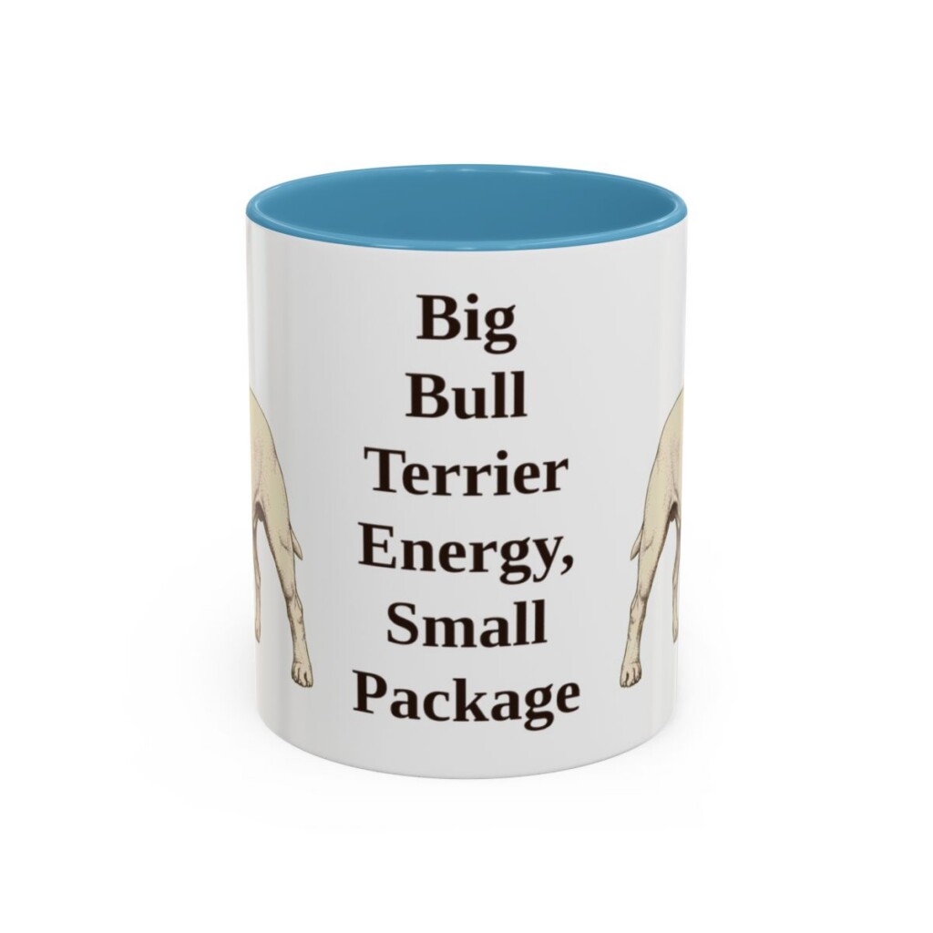 11oz Funny Miniature Bull Terrier Mug, Light Blue, front view